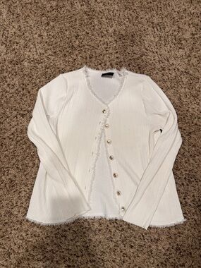 Tahari Ivory Ribbed Button Cardigan with Frayed Trim